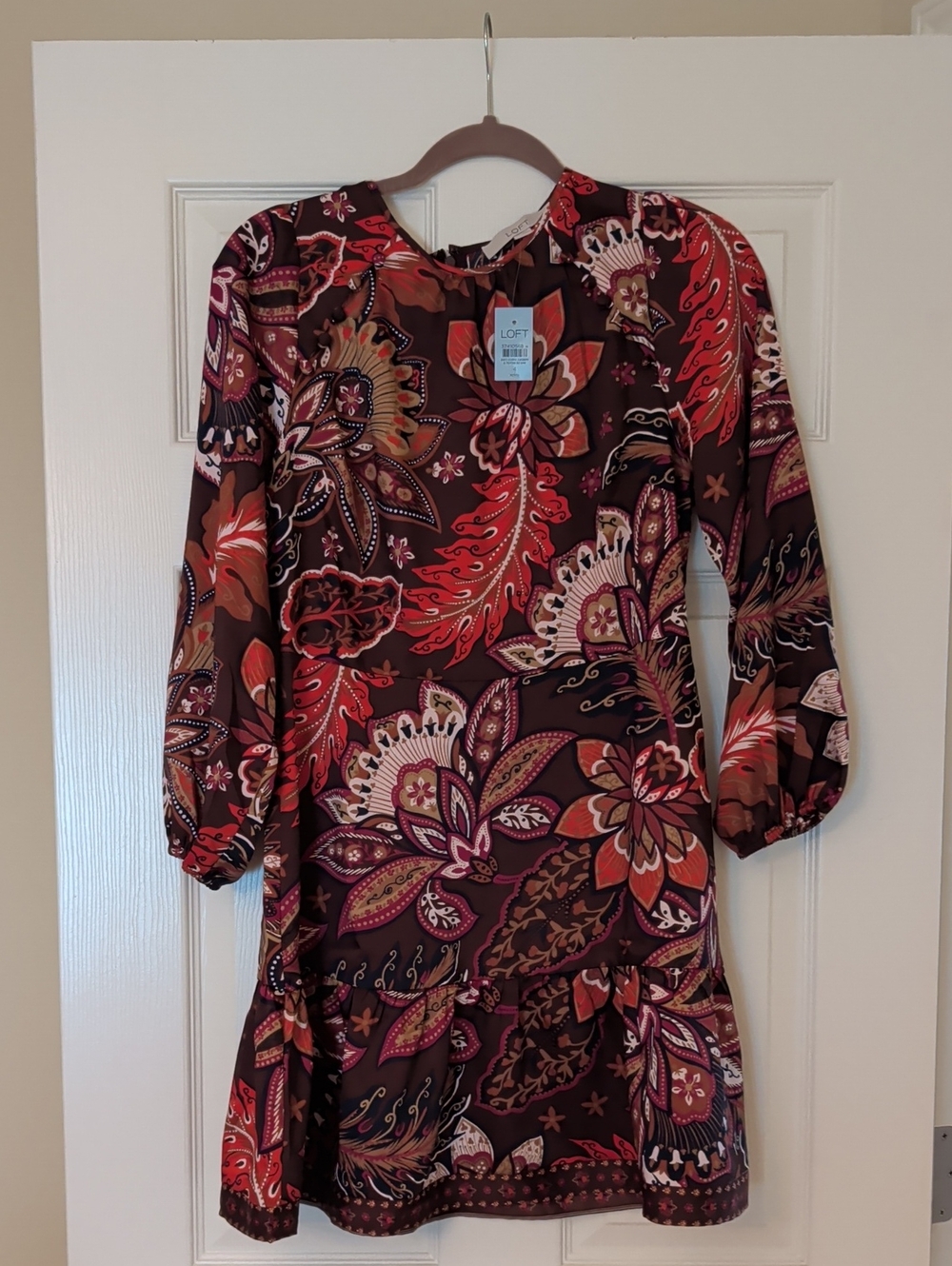 LOFT Burgundy Paisley Long-Sleeve Dress